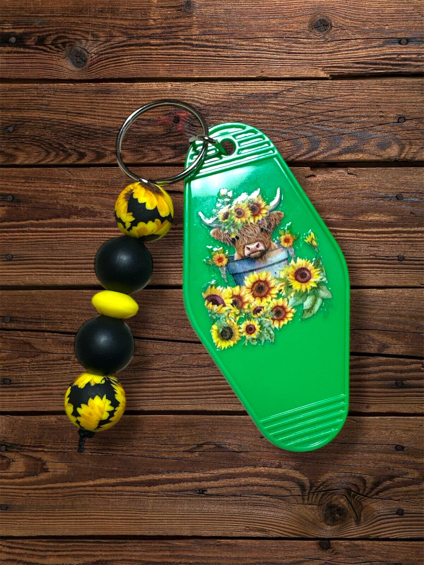 Motel Keychain with Silicone Beaded Accent – Retro Acrylic Key Tag with Bead Strand & Tassel | Cute Keychains for Bags, Gifts & Everyday Use | Multiple Designs Available