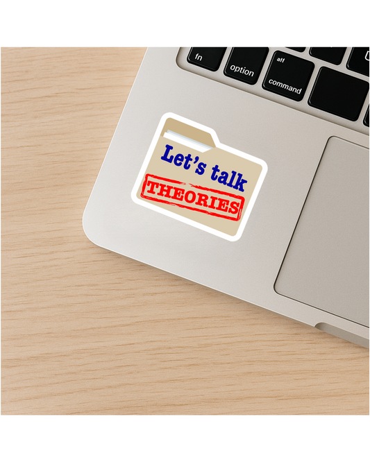 Let's Talk Theories Folder Sticker on Laptop