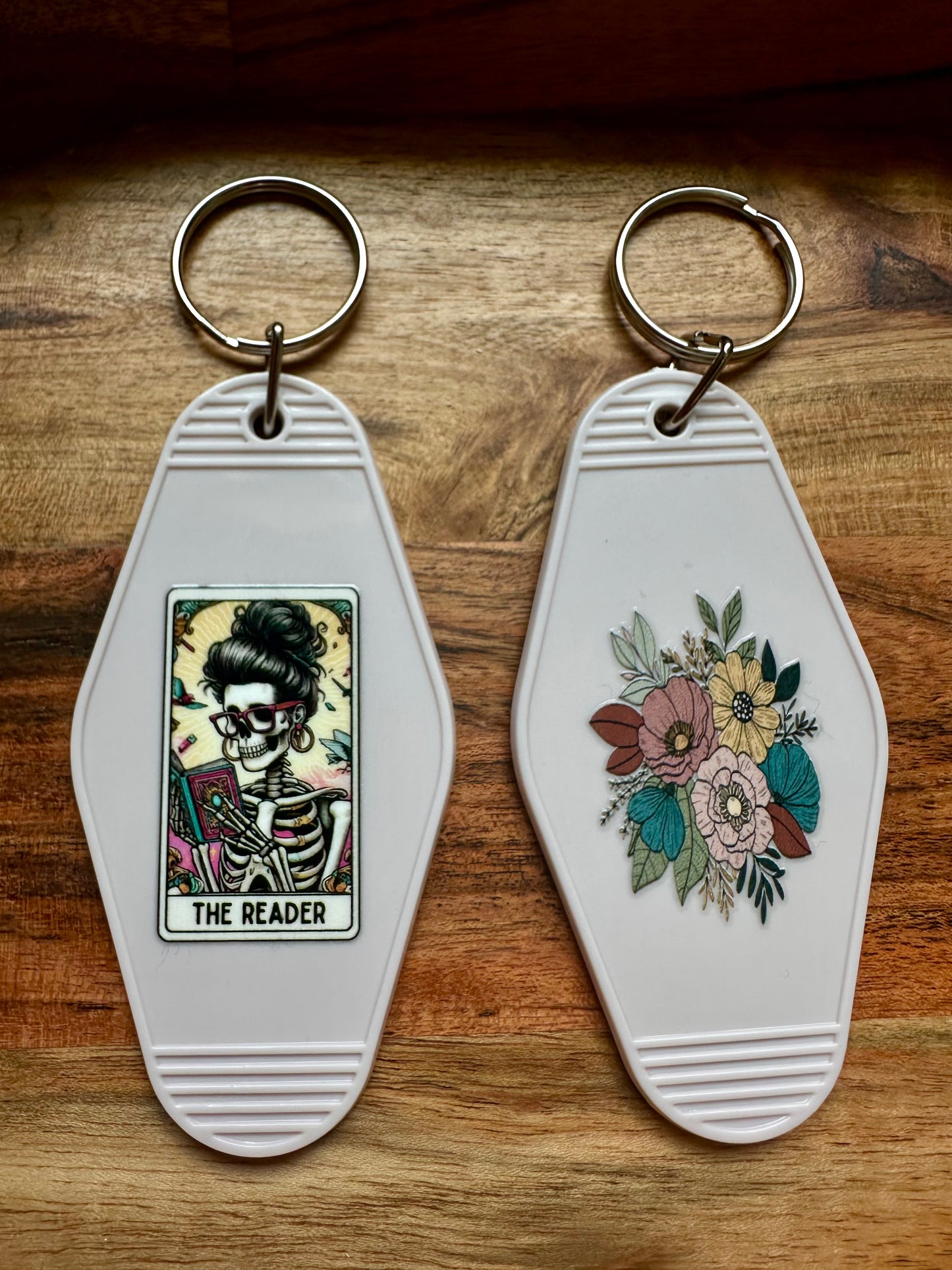 Motel Keychains- 'Deadly Destinies' Tarot Card Skeleton Keychains