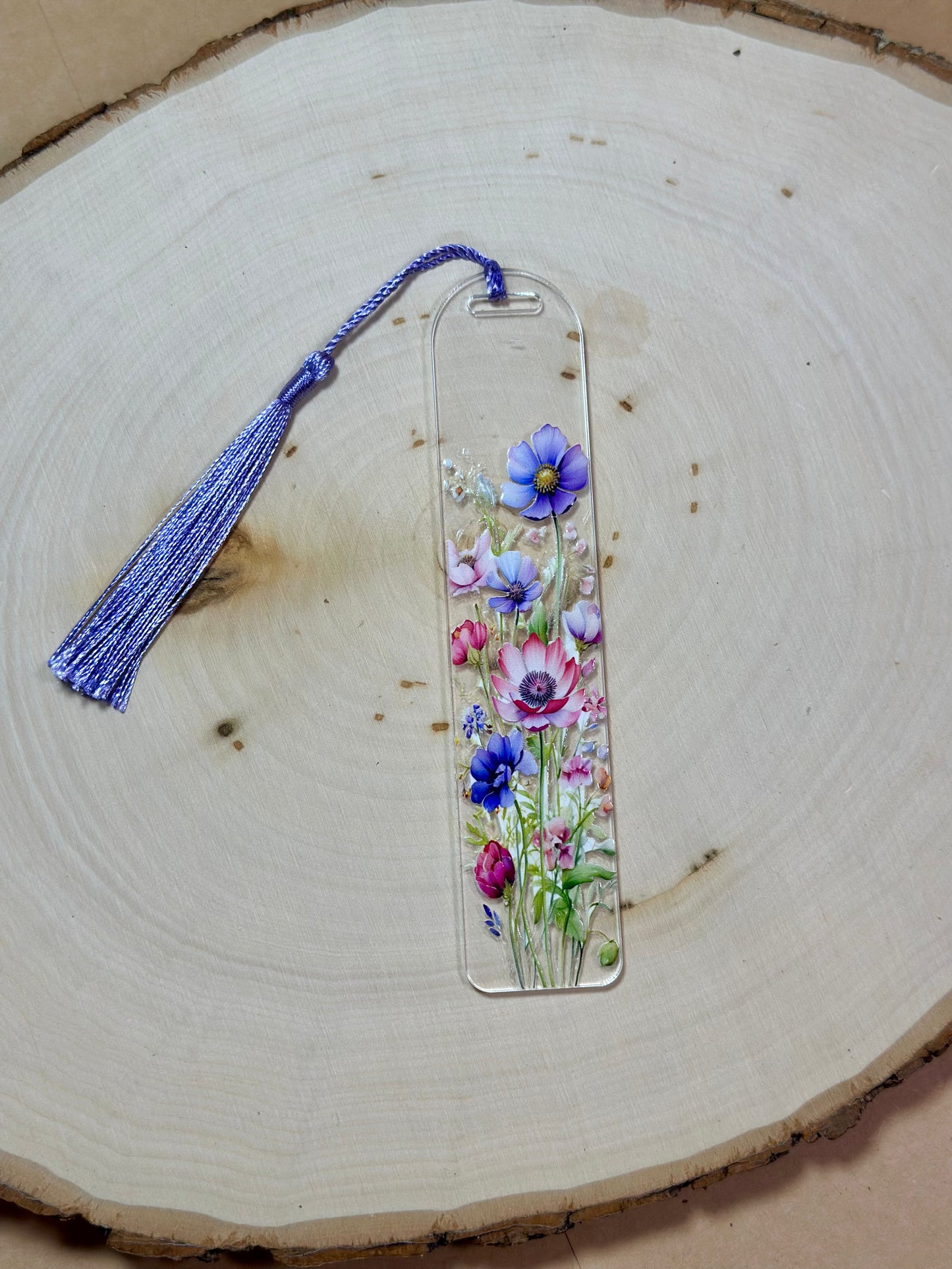 Handmade Thick Clear Acrylic Bookmark- 'Wildflower Whispers' Floral Print with Colored Tassels