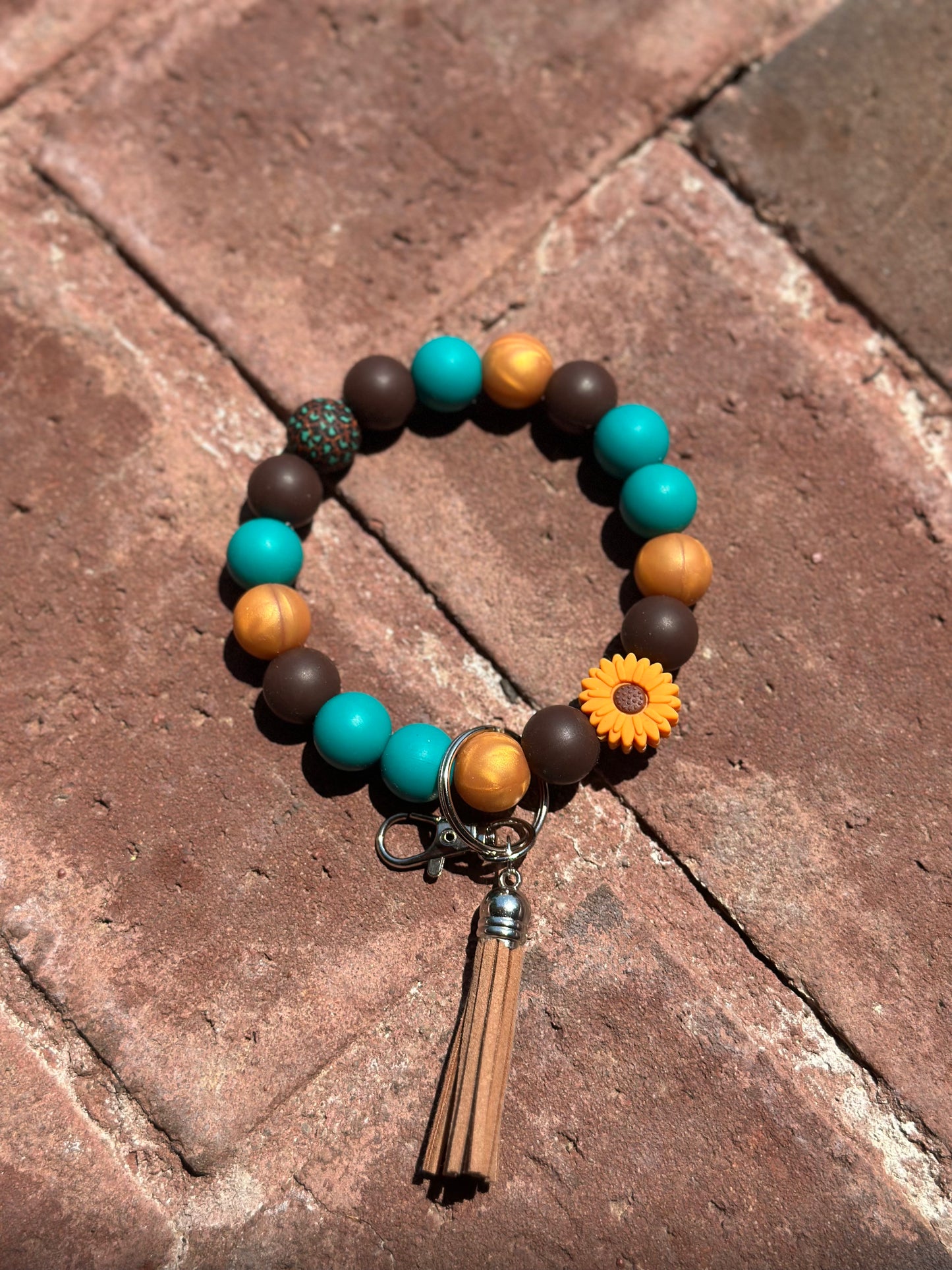 Silicone Beaded Wristlet Keychain| Turquoise, Brown, Sunflower Cheetah Print Silicone Wristlet