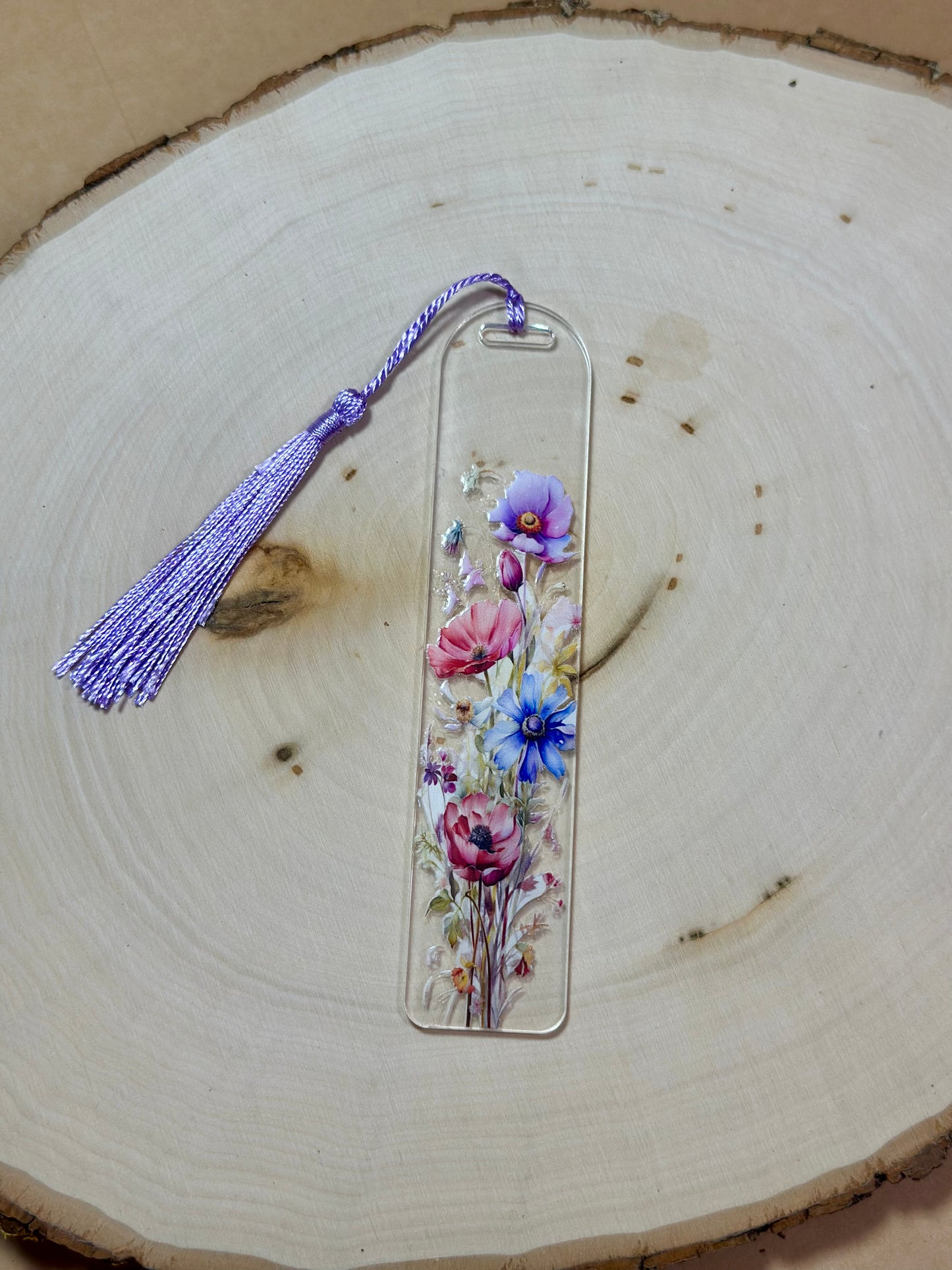 Handmade Thick Clear Acrylic Bookmark- 'Wildflower Whispers' Floral Print with Colored Tassels