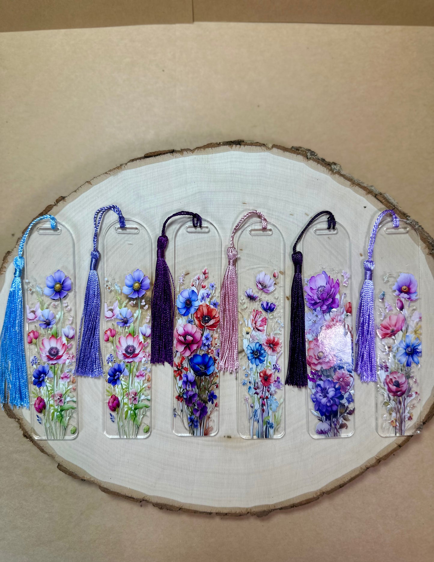 Handmade Thick Clear Acrylic Bookmark- 'Wildflower Whispers' Floral Print with Colored Tassels