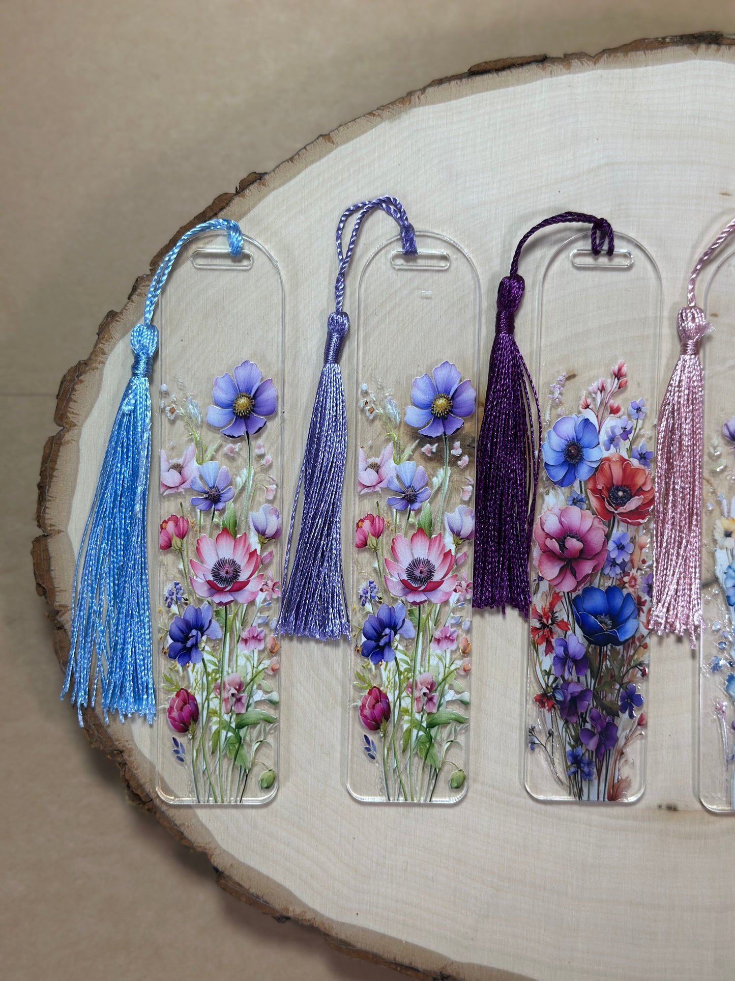 Handmade Thick Clear Acrylic Bookmark- 'Wildflower Whispers' Floral Print with Colored Tassels
