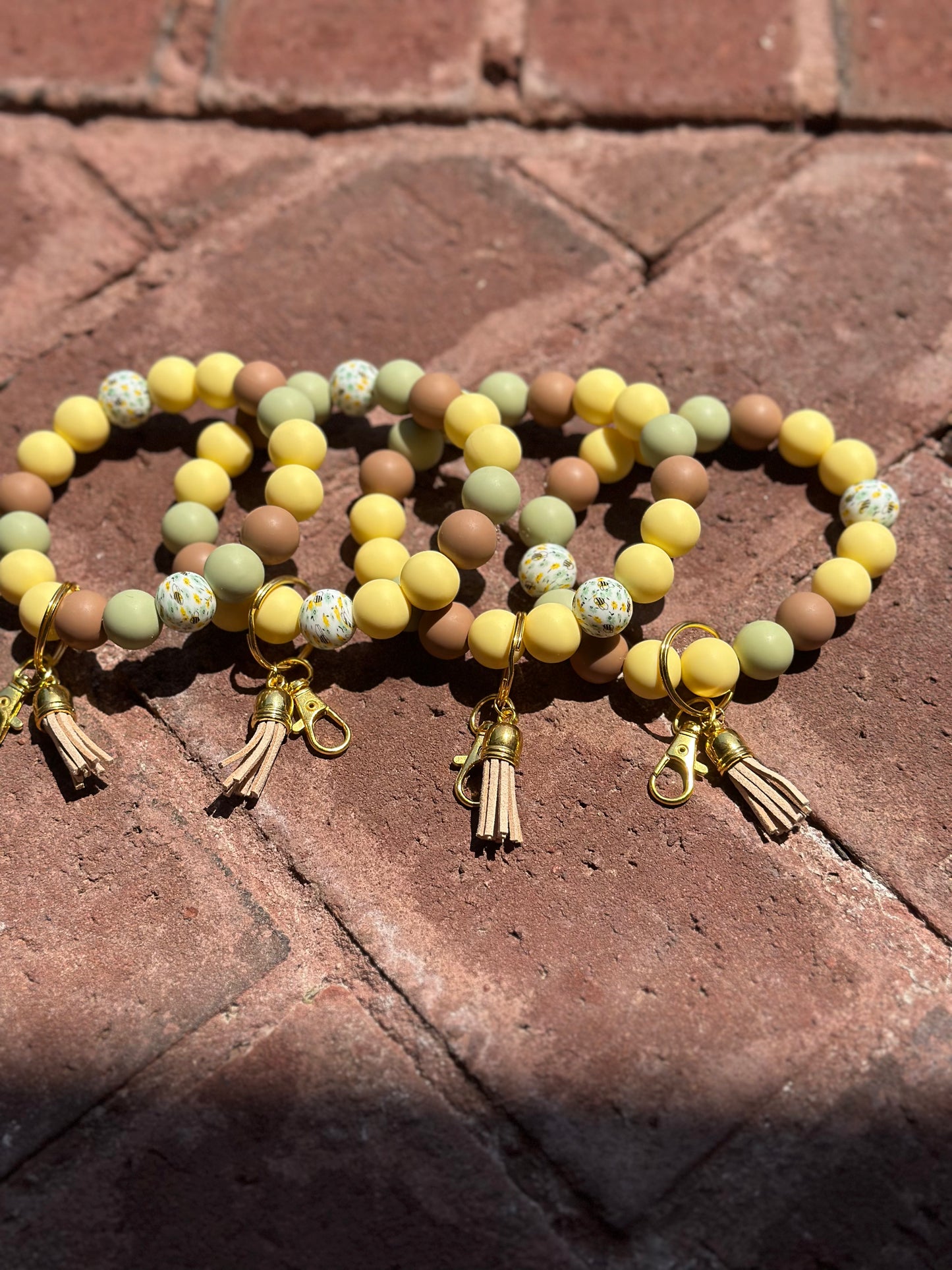 Silicone Beaded Wristlet Keychain| Honey Bee Yellow, Green, Brown Wristlet