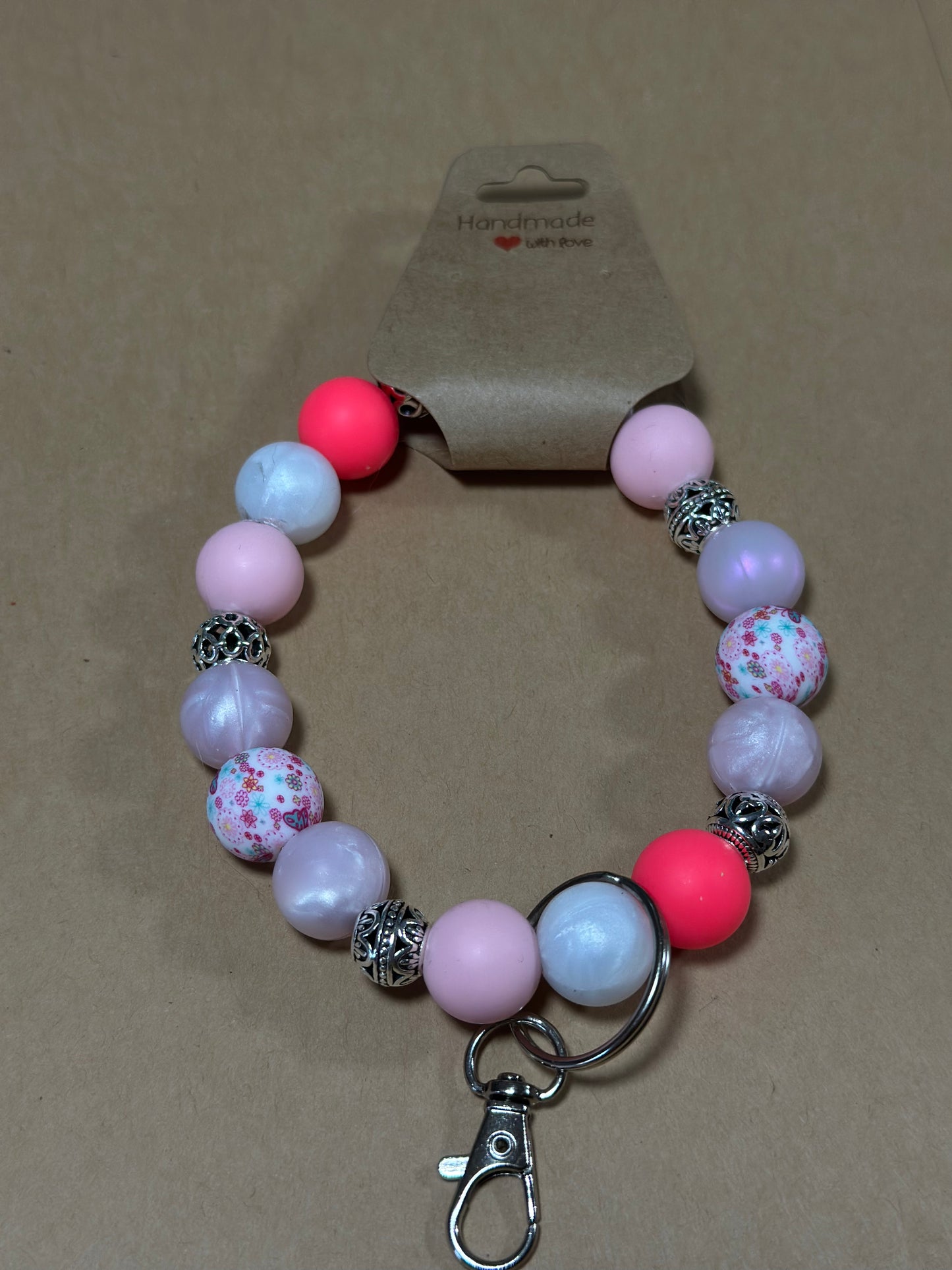 Silicone Beaded Wristlet Keychain- 'Butterfly Kisses- Pink & Pearl
