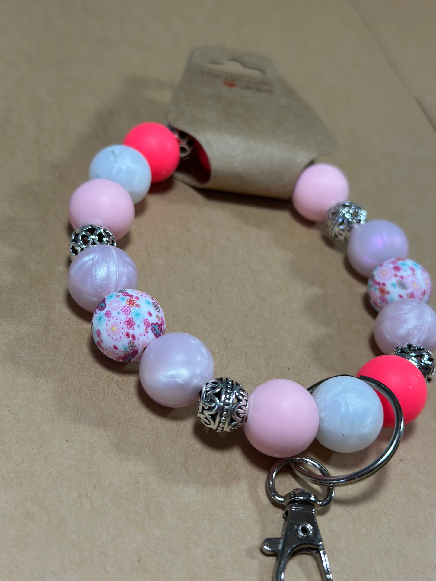 Silicone Beaded Wristlet Keychain- 'Butterfly Kisses- Pink & Pearl