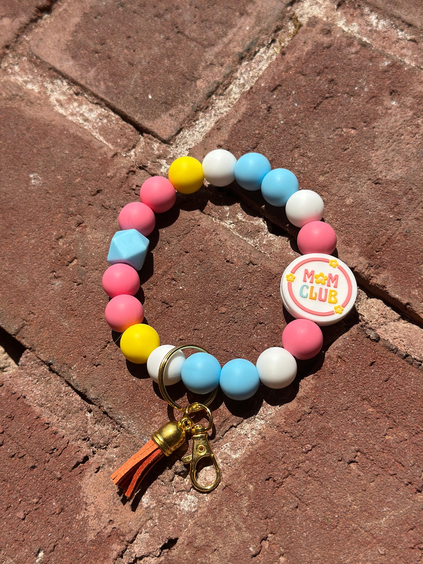 Silicone Beaded Wristlet Keychain| 'Mom Club' Pink Blue White Yellow Gold Hardware Keychain