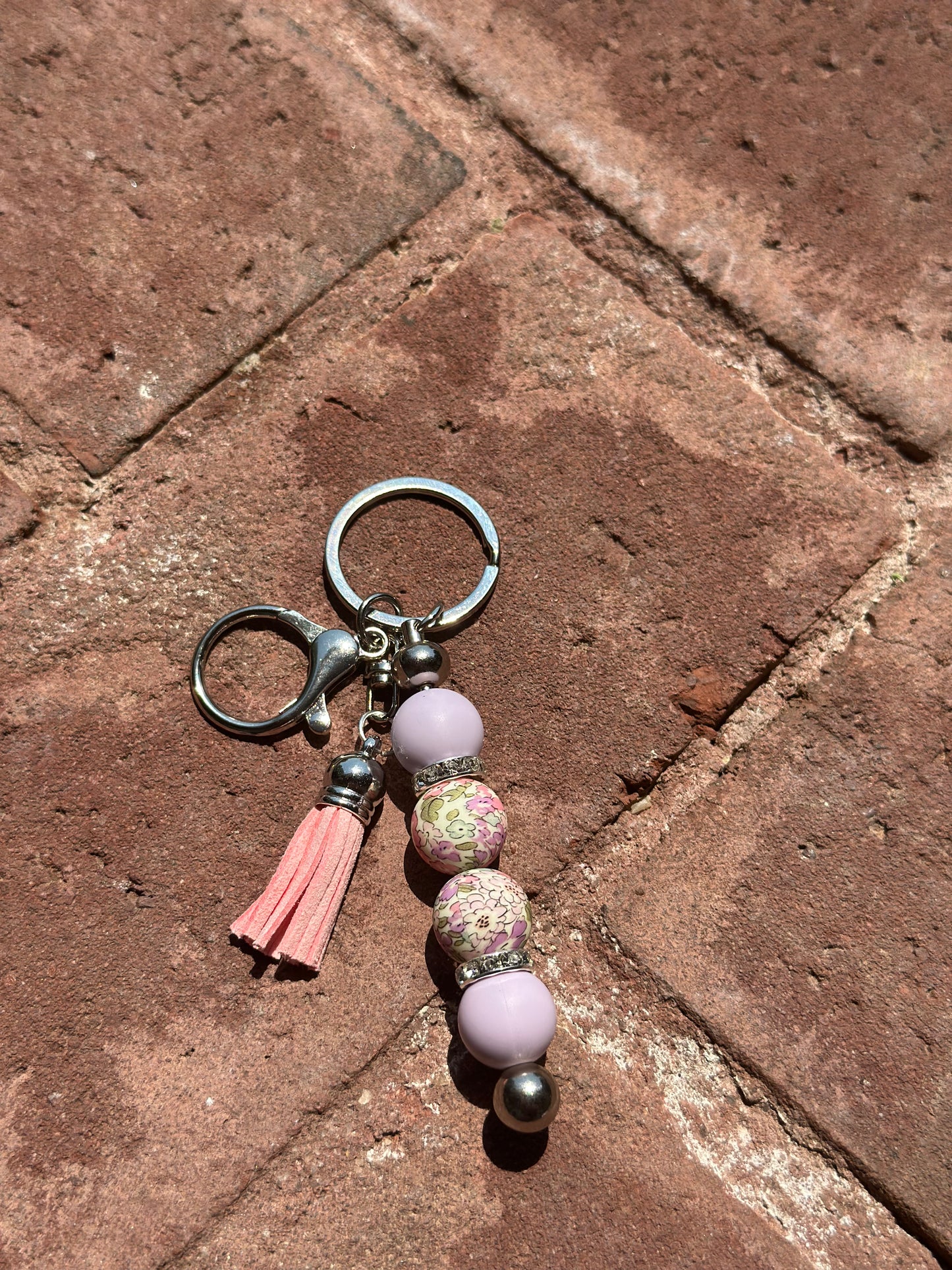 Silicone Beaded Post Keychain|Light Pink Purple Floral Print Silicone Bead Post Keychain