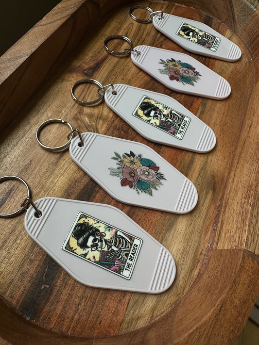 Motel Keychains- 'Deadly Destinies' Tarot Card Skeleton Keychains