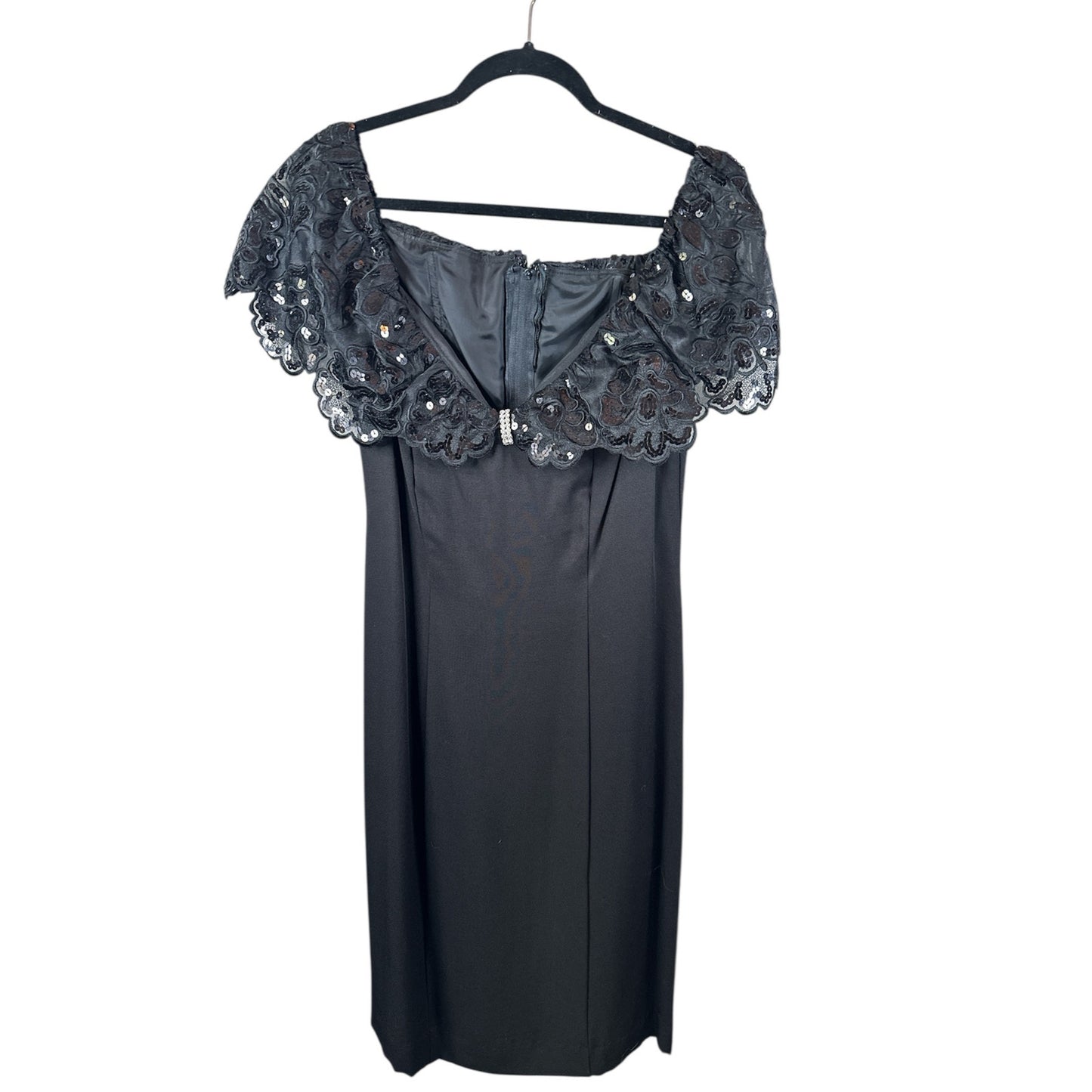 Vintage 70s Made in US By ILGWU Black Off Shoulder Sequin Fitted Dress Size 9/10