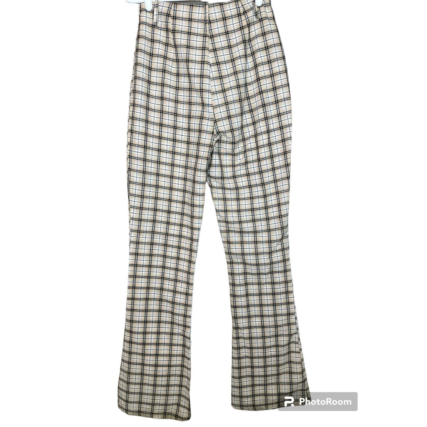 Prettylittlething Beige Plaid Side Zip Up Flare Dress Pants Size 8