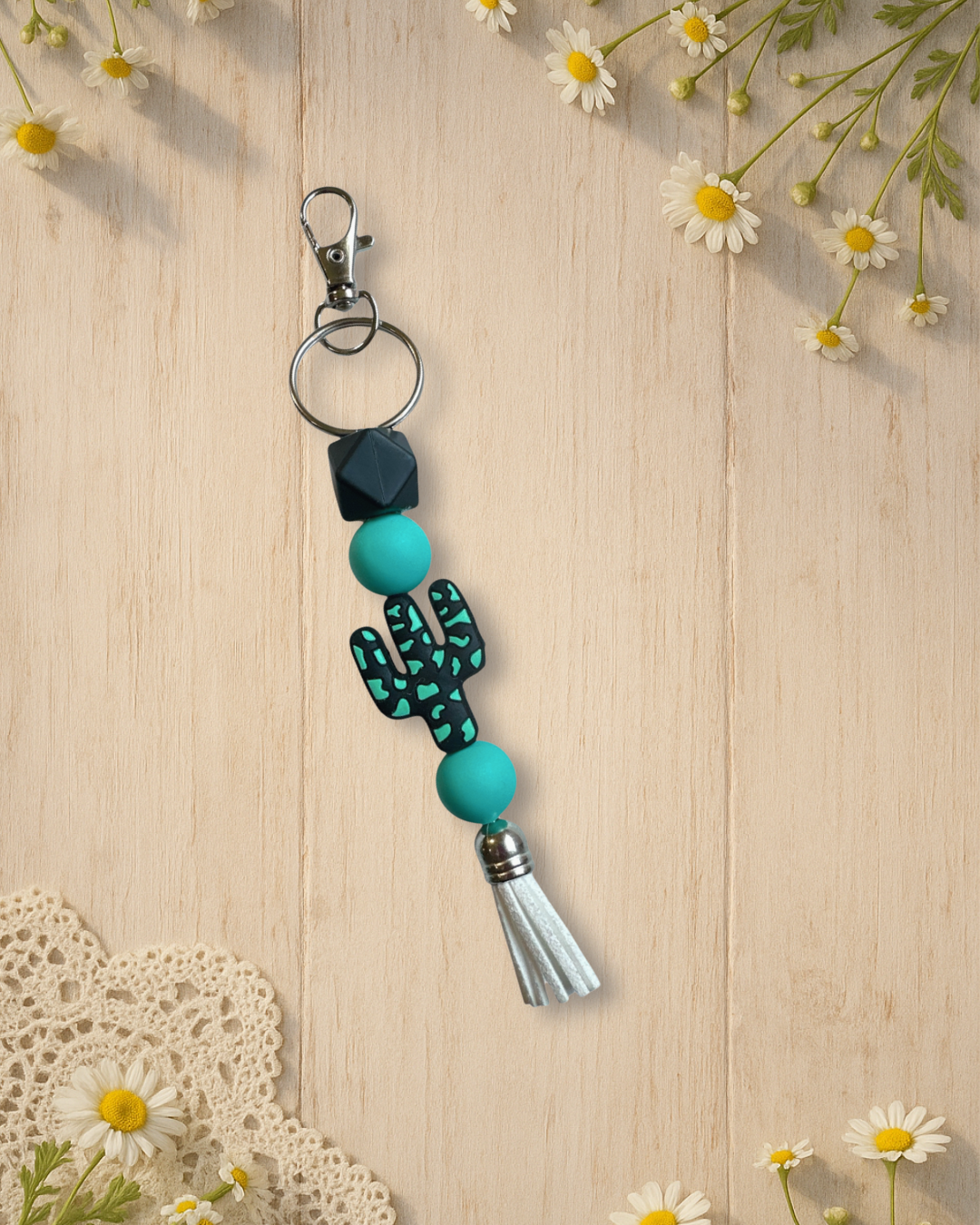 turquoise cactus silicone beaded standalone keychain