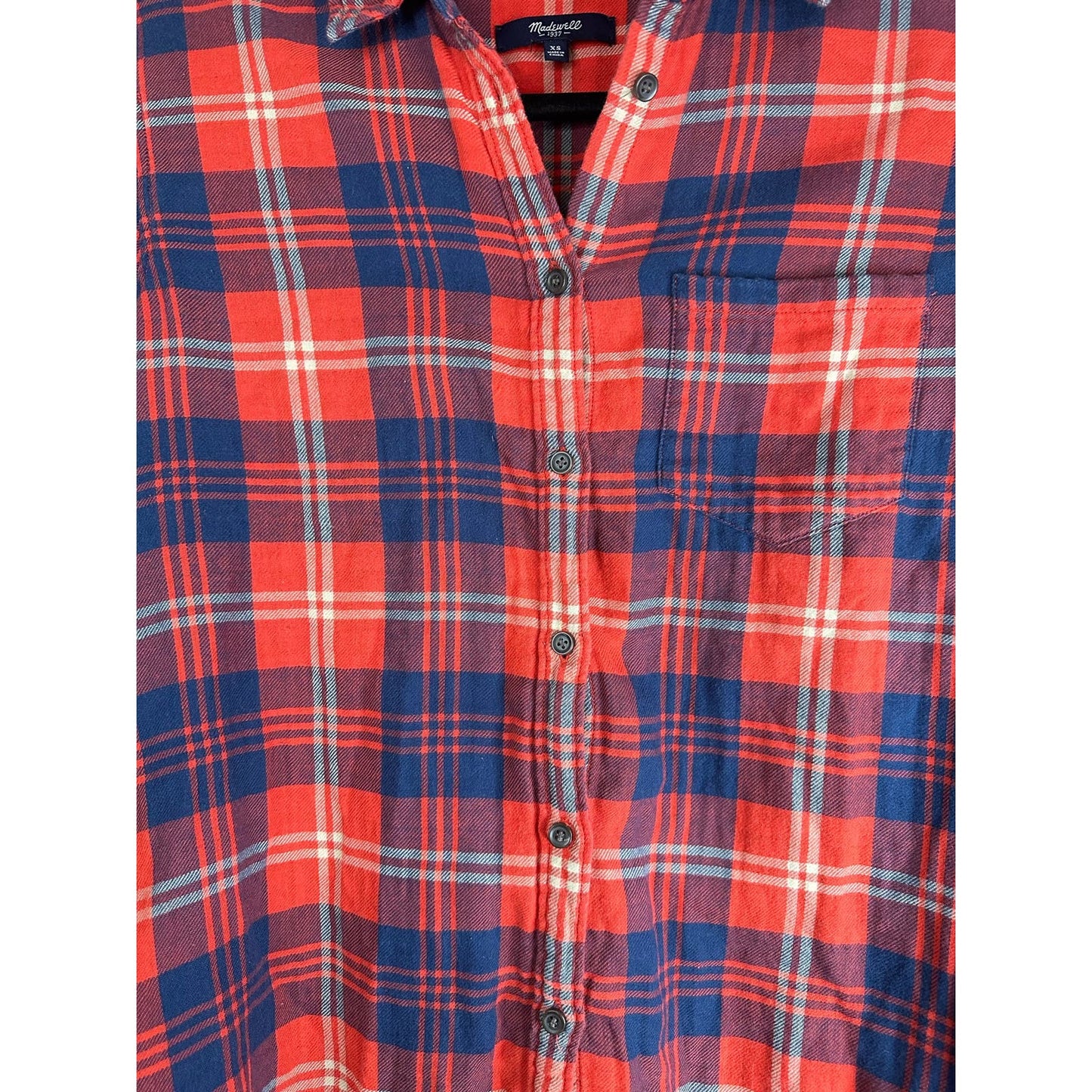 Madewell Orange Red Blue Long Sleeve Button Down Plaid Flannel Size XS