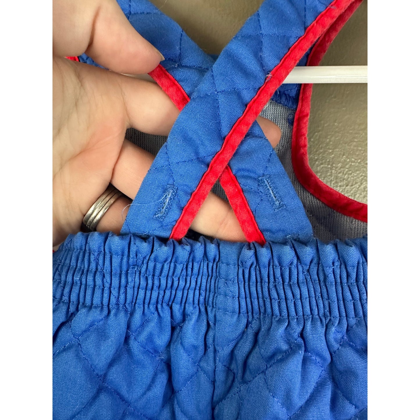 Boy’s Vintage Blue Red Quilted Overall Bibs Butto Train Pants Size 0-6 Months