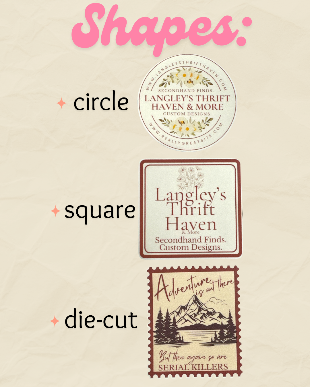 Three different shaped custom designs by Langleys Thrift Haven on a beige background.