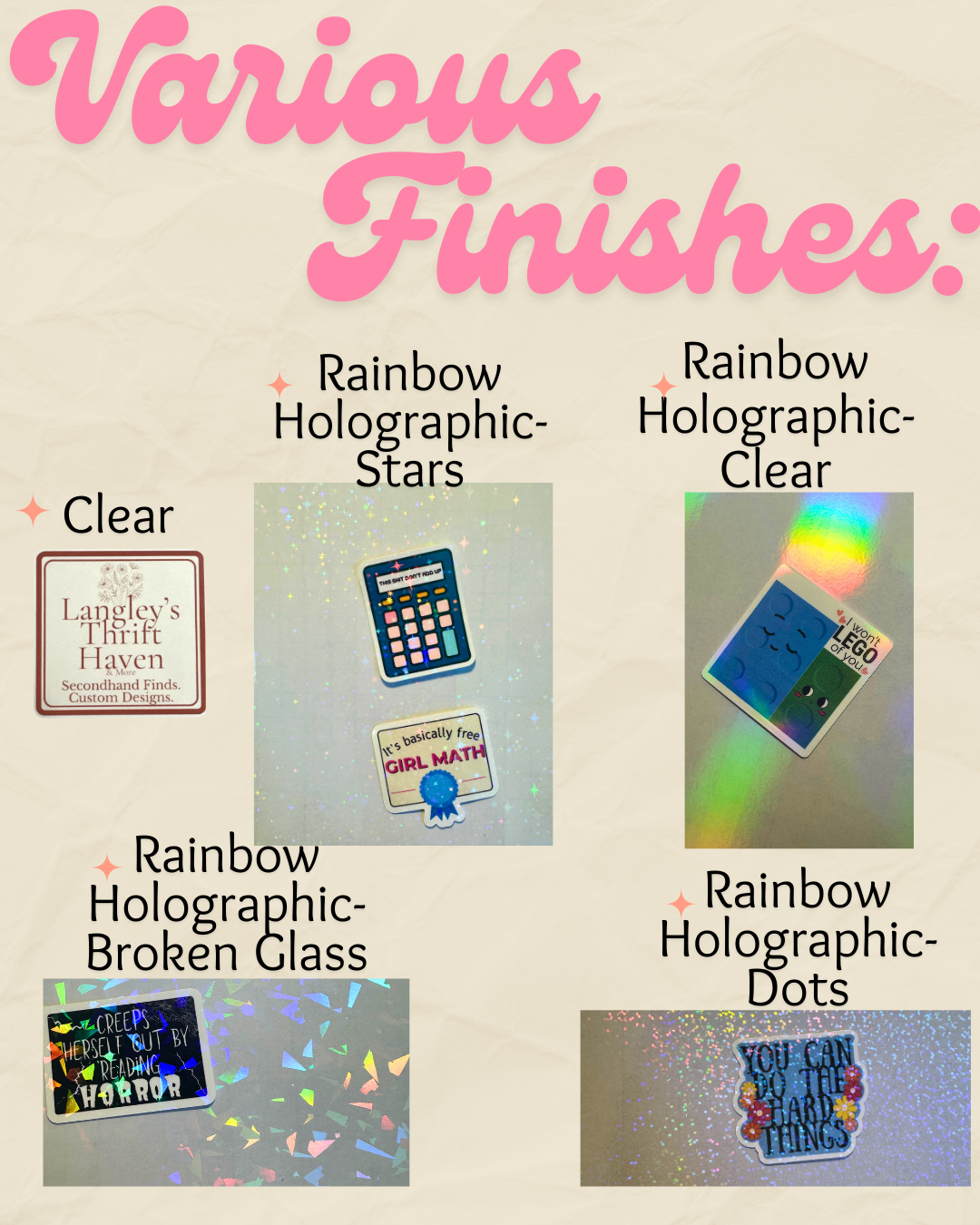 Collage of rainbow holographic finishes with text labels on a beige background.