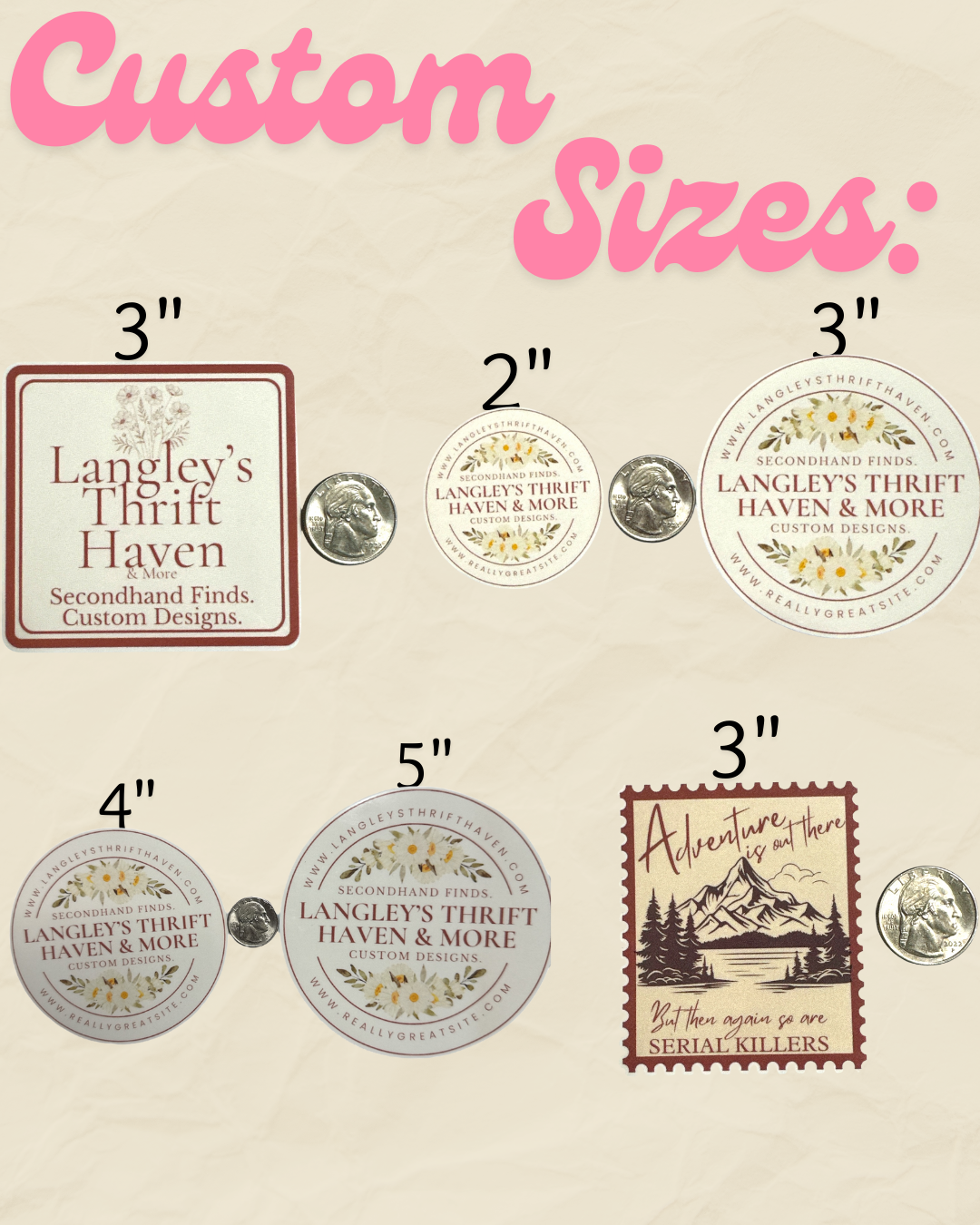 Custom size chart for Langley's Thrift Haven with various stamp sizes and designs.