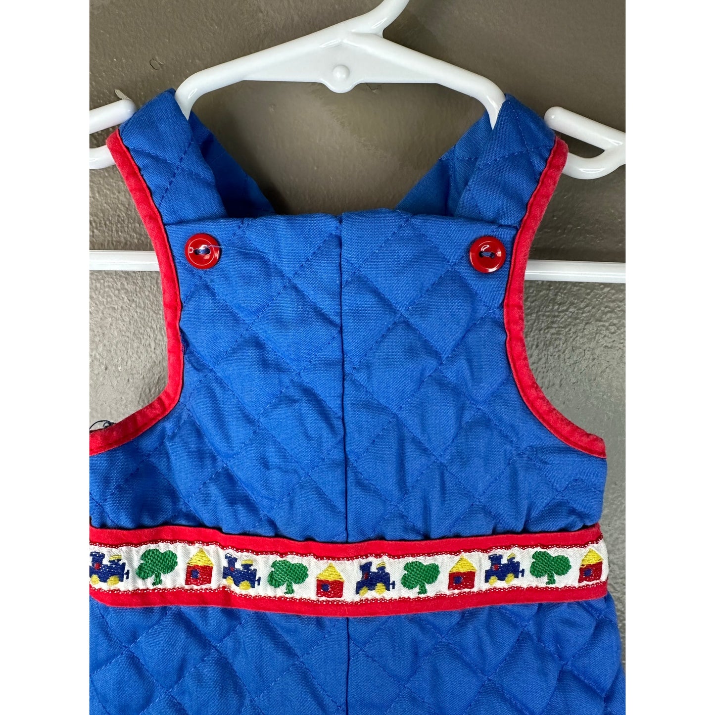 Boy’s Vintage Blue Red Quilted Overall Bibs Butto Train Pants Size 0-6 Months