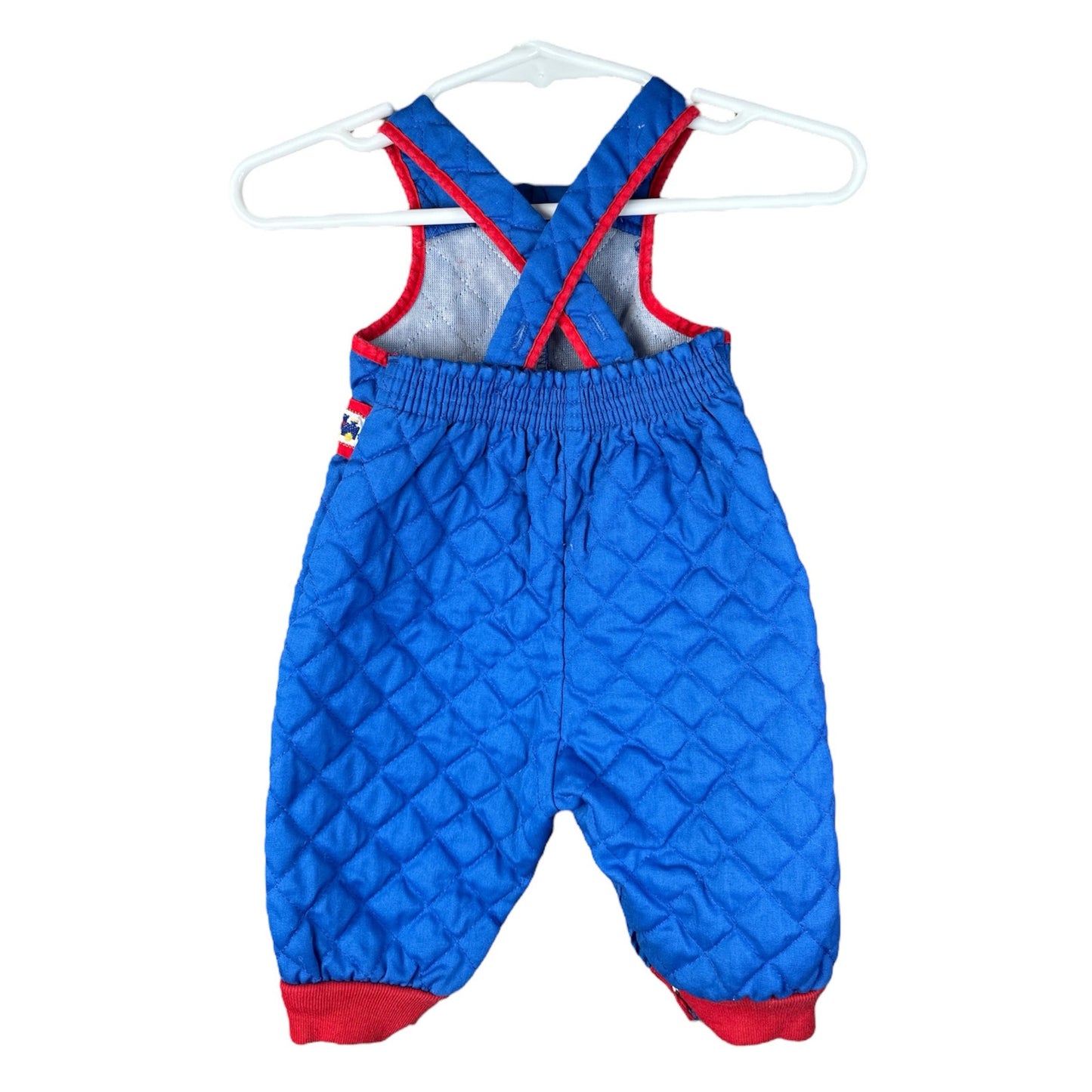 Boy’s Vintage Blue Red Quilted Overall Bibs Butto Train Pants Size 0-6 Months