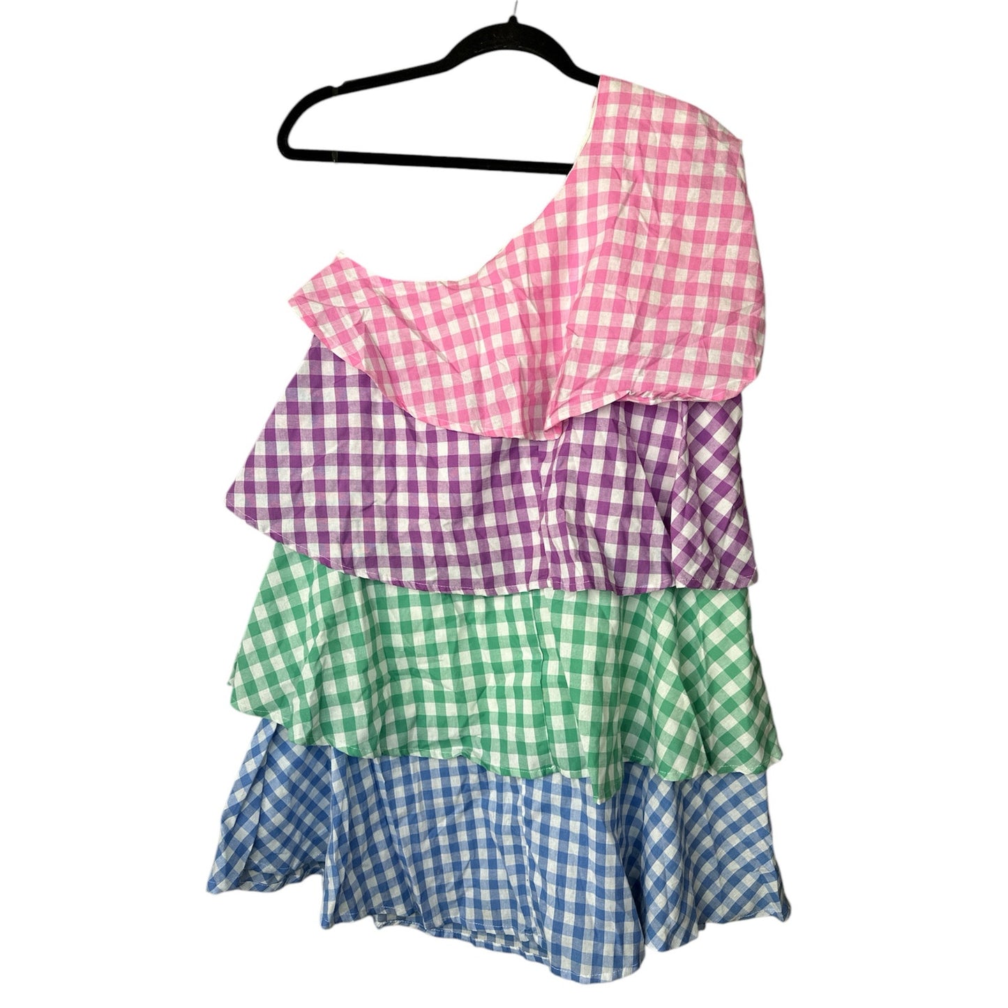 Bibi Multicolor 'Lana' Pink Plaid Tiered One Shoulder Mini Dress Size Medium