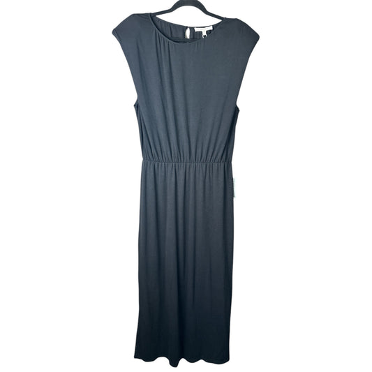 NWT WAYF Black Short Sleeve Shoulder Pad Fit Flare Slits Midi Dress Size Large