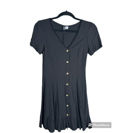 H&M Divided Black Short Sleeve Button Down Ruffle Hem Fit & Flare Dress Size 2