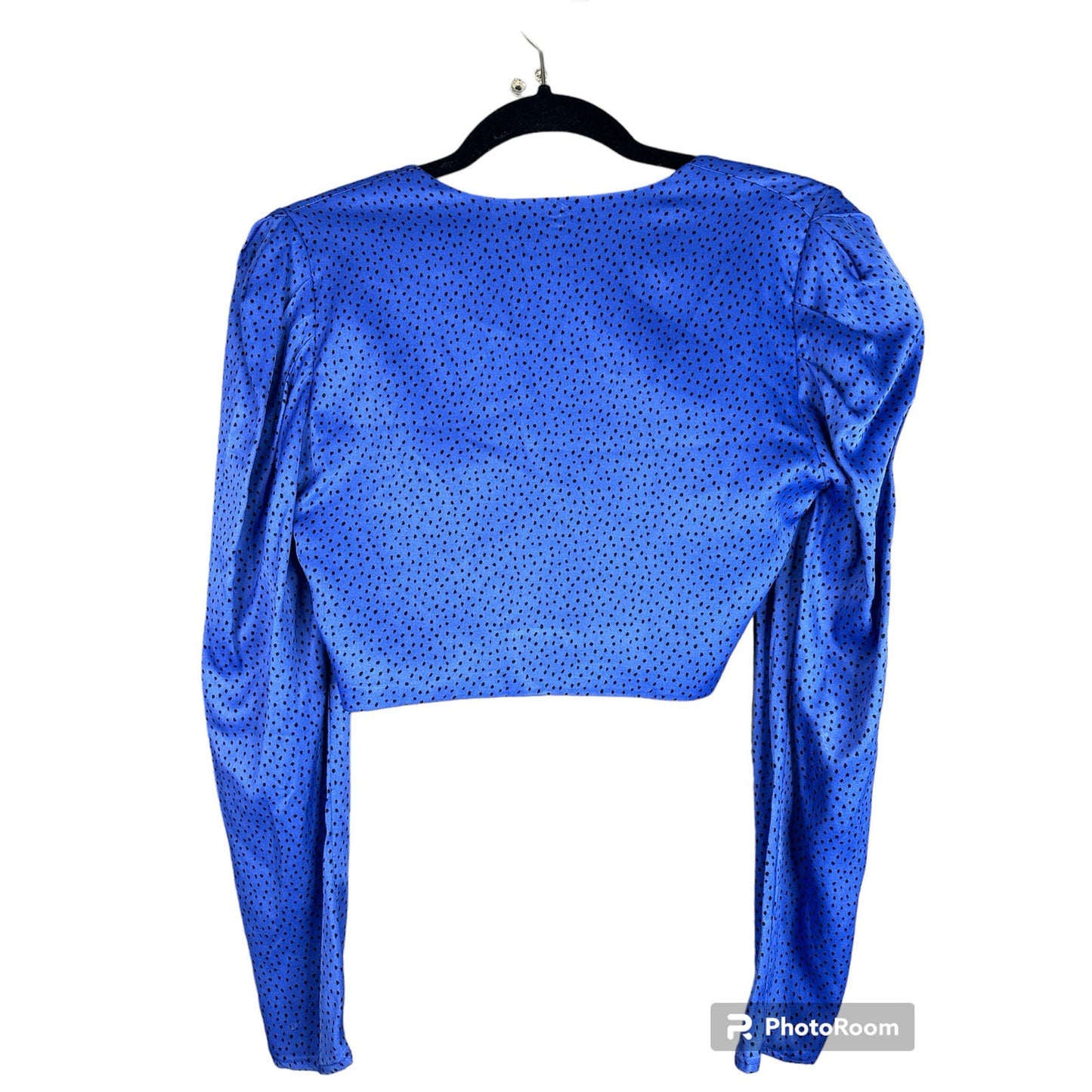 Zara Long Sleeve Dotted Blue Black Cropped Blouse Size Medium