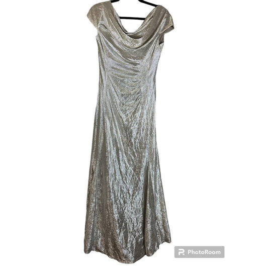 NWT Tahari Short Sleeve Maxi Sheath Silver Shiny Cowl Neck Formal Dress Size 6