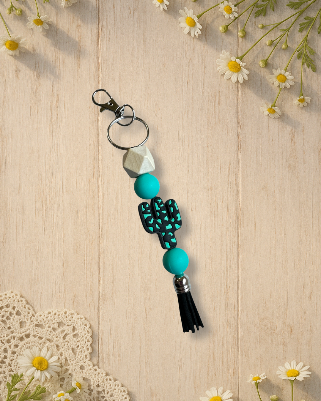 turquoise cactus silicone beaded standalone keychain